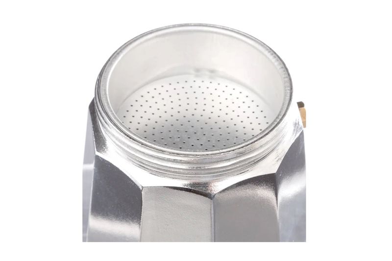Cafetera italiana aluminio 300 ml Secret de Gourmet, primer plano del filtro perforado y la rosca superior