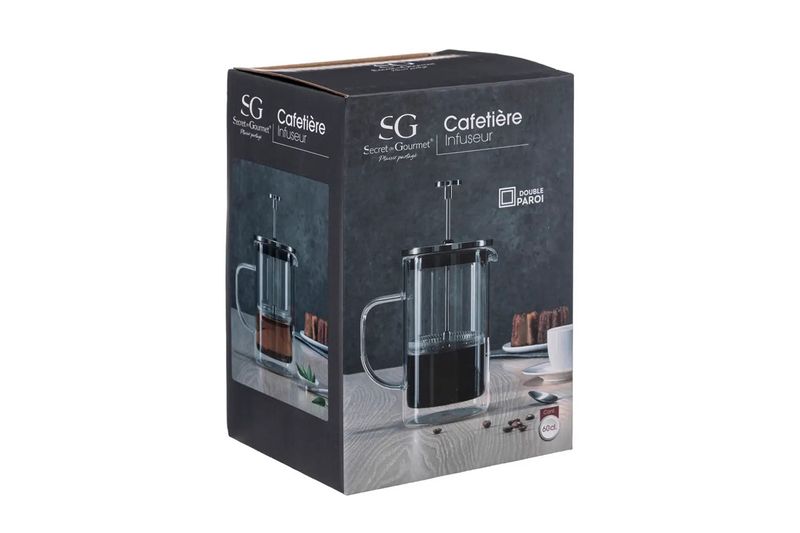 Cafetera francesa 600 ml Secret de Gourmet, caja de cartón negra con imagen del producto y detalles técnicos