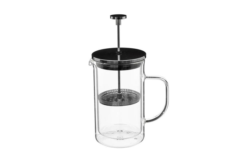 Cafetera francesa 600 ml Secret de Gourmet, vista frontal del cuerpo de vidrio con émbolo y filtro metálico interno