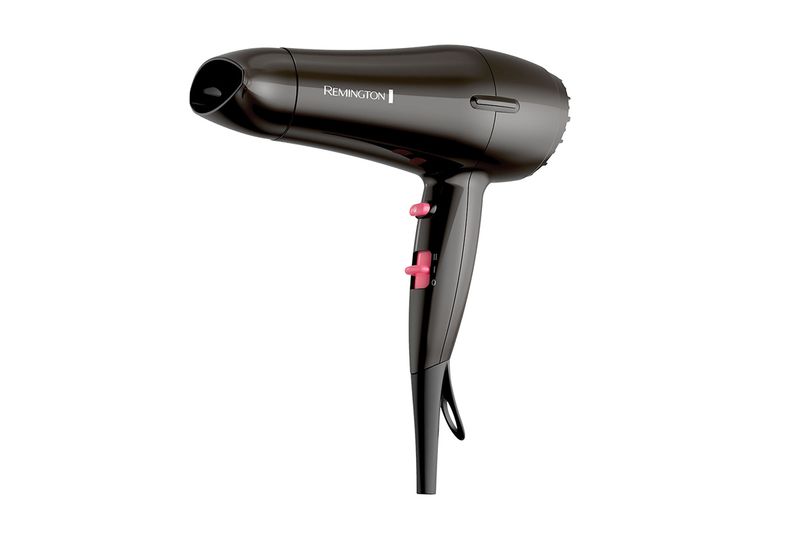 Secadora de cabello Pro Ceramic 2 velocidades Remington, vista lateral del cuerpo negro con interruptores rosas