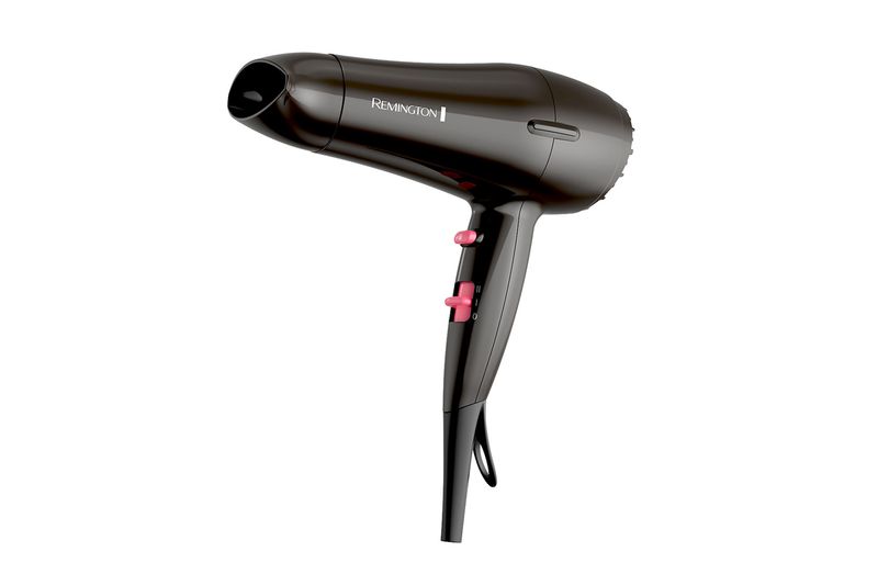 Secadora de cabello Pro Ceramic 2 velocidades Remington, vista lateral en color negro con interruptores rosados