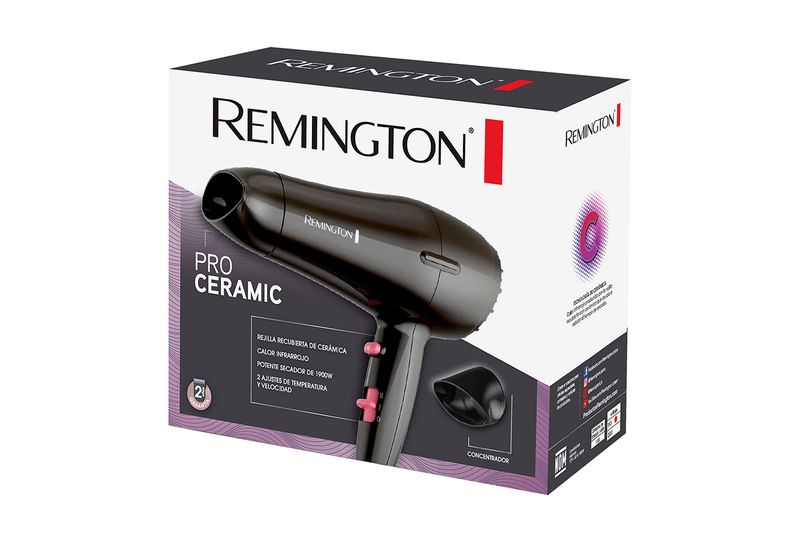 Secadora de cabello Pro Ceramic 2 velocidades Remington, en su caja blanca con ilustración del equipo negro