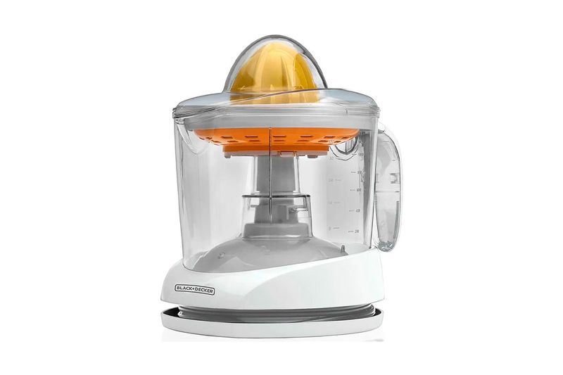 Exprimidor de cítricos 32 onzas Black+Decker, equipo blanco con jarra transparente y cono exprimidor naranja