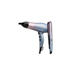 Combo alisadora y secadora Mineral Glow Remington, vista lateral de ambos equipos en color degradado azul y violeta