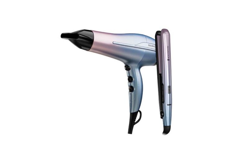 Combo alisadora y secadora Mineral Glow Remington, vista lateral de ambos equipos en color degradado azul y violeta