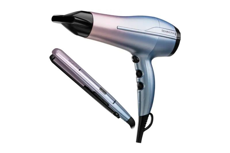 Combo alisadora y secadora Mineral Glow Remington, set de color azul iridiscente con degradados en violeta y rosa