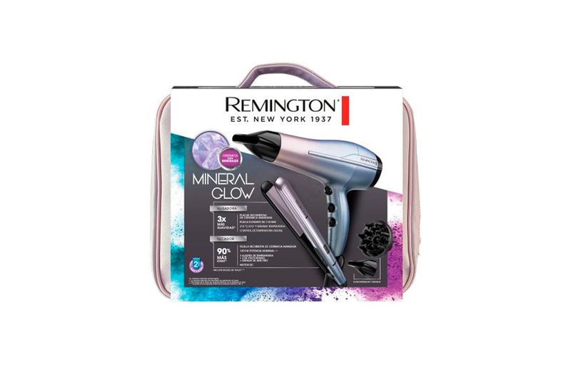 Combo alisadora y secadora Mineral Glow Remington, en su empaque con estuche protector color rosa y accesorios