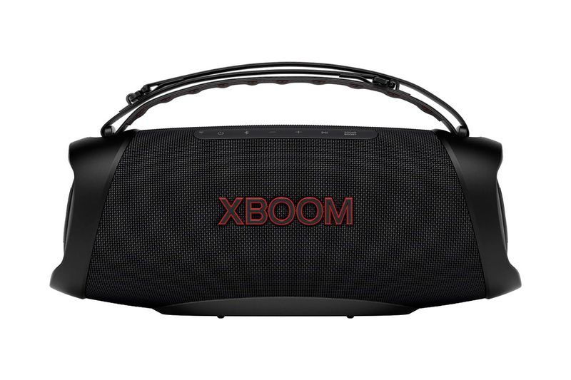 Bocina Bluetooth Xboom Go XG8T 60 W LG, vista frontal en color negro con logo XBOOM en rojo y asa superior