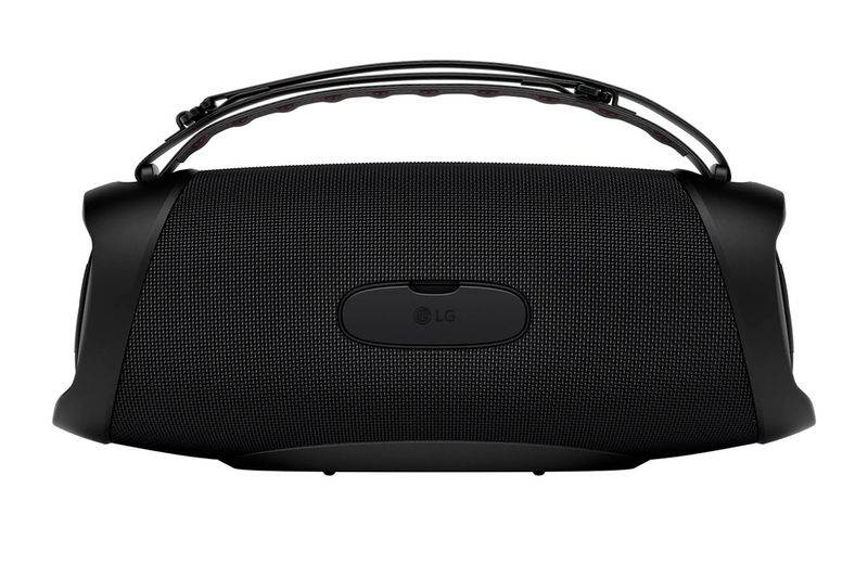 Bocina Bluetooth Xboom Go XG8T 60 W LG, vista frontal de color negro con asa metálica y logo central