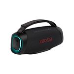 Bocina bluetooth Xboom Go XG8T 60 W LG, vista diagonal en color negro con asa y anillo de luz turquesa