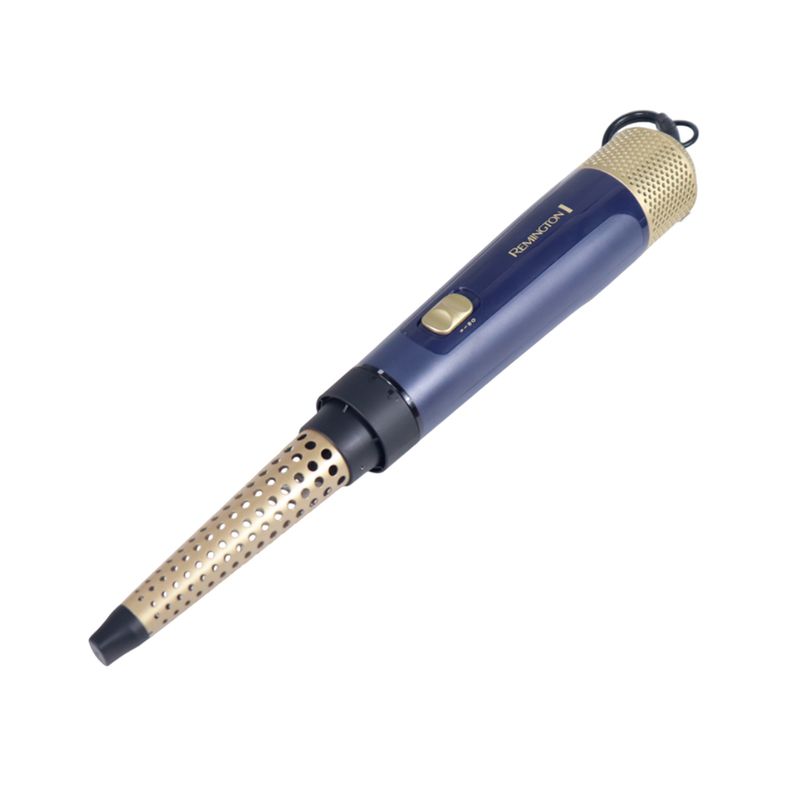 Cepillo de cabello Sapphire Luxe Remington, vista lateral del accesorio rizador en color azul y dorado
