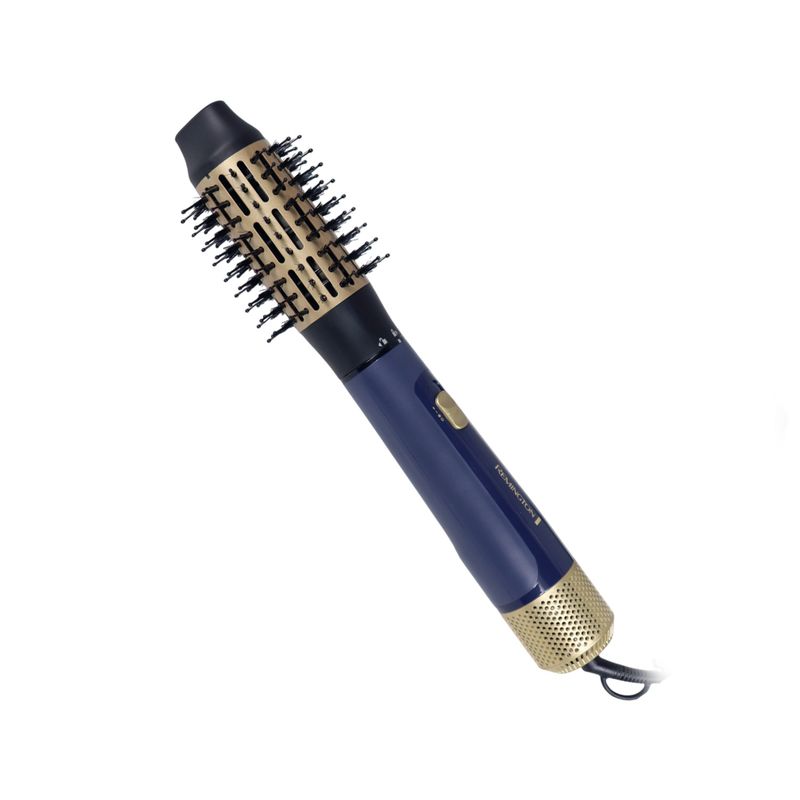 Cepillo de cabello Sapphire Luxe Remington, vista lateral del dispositivo en color azul y dorado con cerdas negras