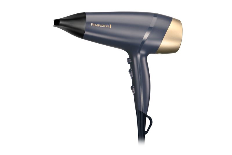 Secadora de cabello Sapphire Luxe Remington, vista lateral en color azul marino con boquilla negra y detalle dorado