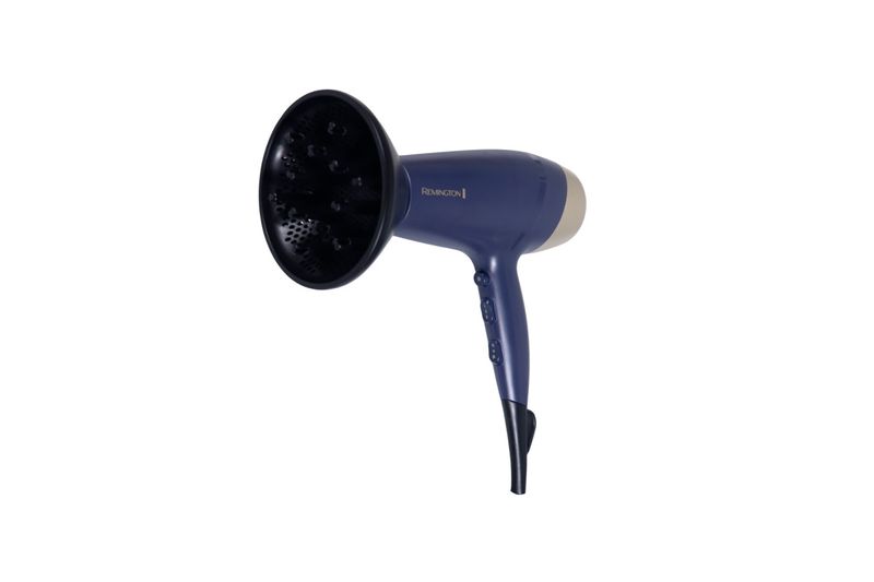 Secadora de cabello Sapphire Luxe Remington, vista lateral azul marino con difusor negro acoplado