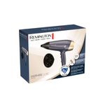 Secadora de cabello Sapphire Luxe Remington, empaque frontal con imagen del equipo azul marino y difusor