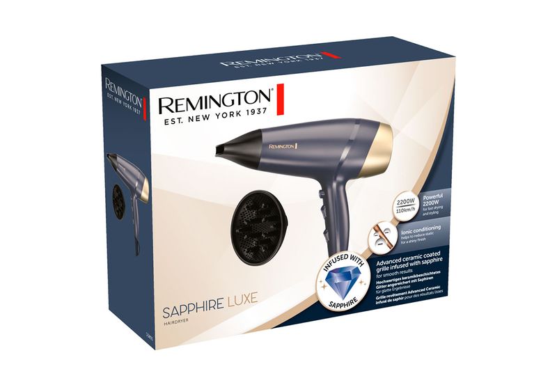 Secadora de cabello Sapphire Luxe Remington, empaque frontal con imagen del equipo azul marino y difusor