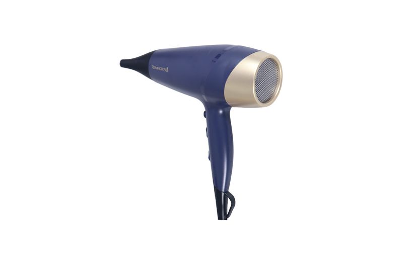 Secadora de cabello Sapphire Luxe Remington azul marino, vista lateral del cuerpo y boquilla con detalle en dorado