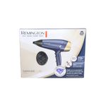 Secadora de cabello Sapphire Luxe Remington, empaque frontal con ilustración del equipo azul marino y accesorios
