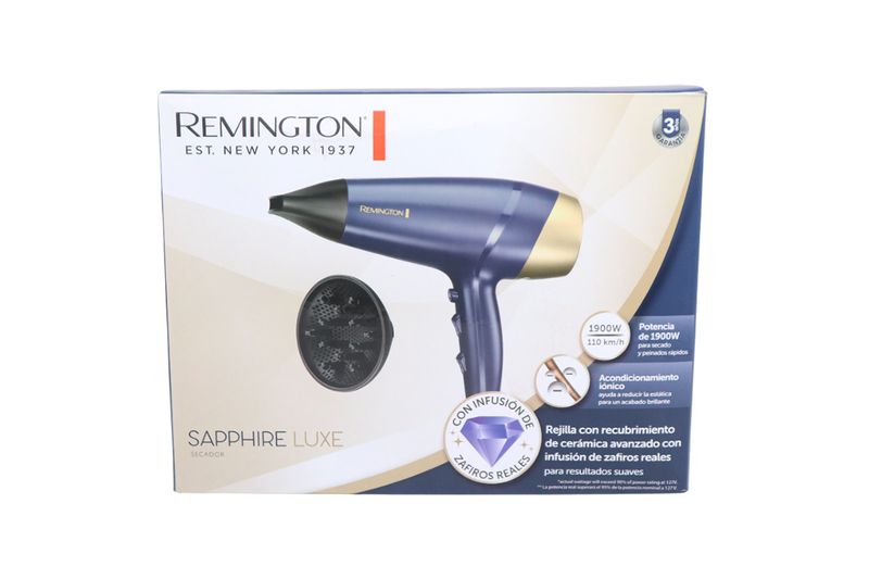 Secadora de cabello Sapphire Luxe Remington, empaque frontal con ilustración del equipo azul marino y accesorios