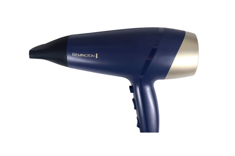Secadora de cabello Sapphire Luxe Remington azul marino, vista lateral del equipo con boquilla concentradora