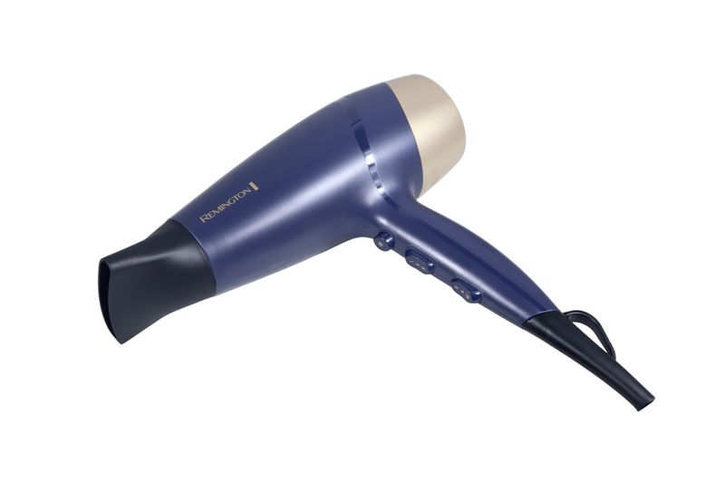 Secadora de cabello Sapphire Luxe Remington azul marino, vista lateral completa con boquilla negra y detalle dorado
