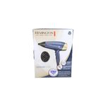 Secadora de cabello Sapphire Luxe Remington, empaque blanco con ilustración del equipo en azul marino y dorado