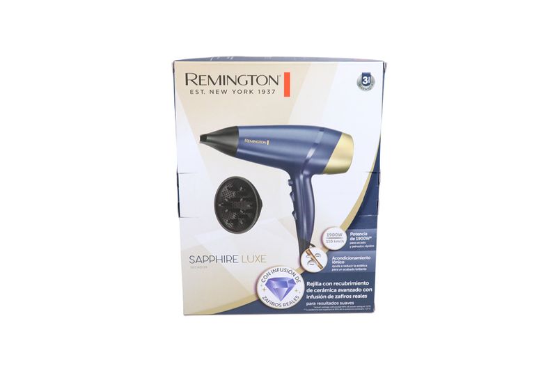 Secadora de cabello Sapphire Luxe Remington, empaque blanco con ilustración del equipo en azul marino y dorado