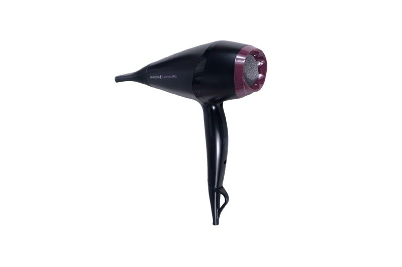 Secadora de cabello Supercare Pro con turmalina Remington, vista lateral del equipo en color negro y púrpura