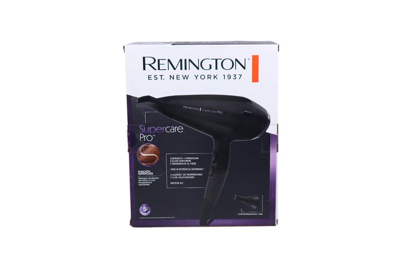 Secadora de cabello Supercare Pro con turmalina Remington, en su caja con ilustración del equipo y especificaciones