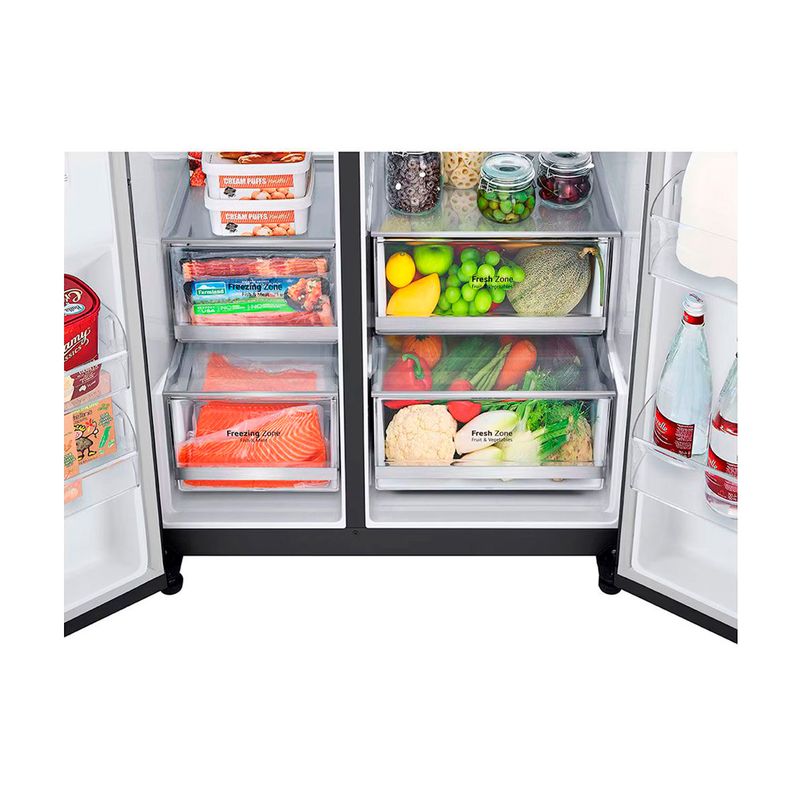 Refrigerador Inverter InstaView con dispensador SBS Craft Ice 612L matte black LG, vista interior de cajones y estantes