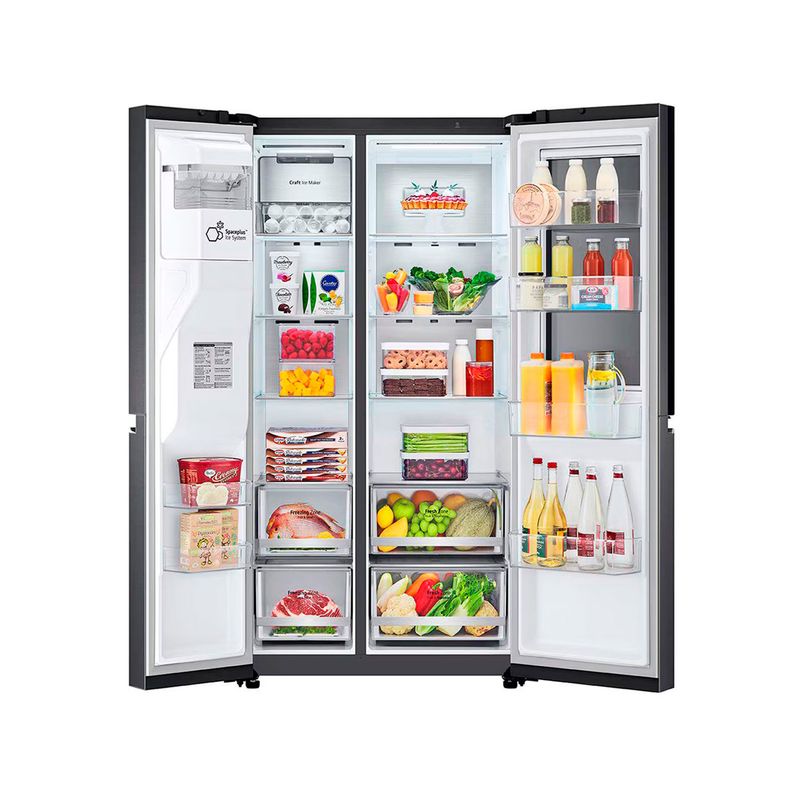 Refrigerador Inverter InstaView con dispensador SBS Craft Ice 612L matte black LG, vista frontal con puertas abiertas y