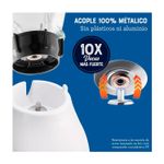 Licuadora vaso vidrio 1.5 l 800 W 2 vel blanca Oster, gráfico detallando el acople metálico y resistencia del material