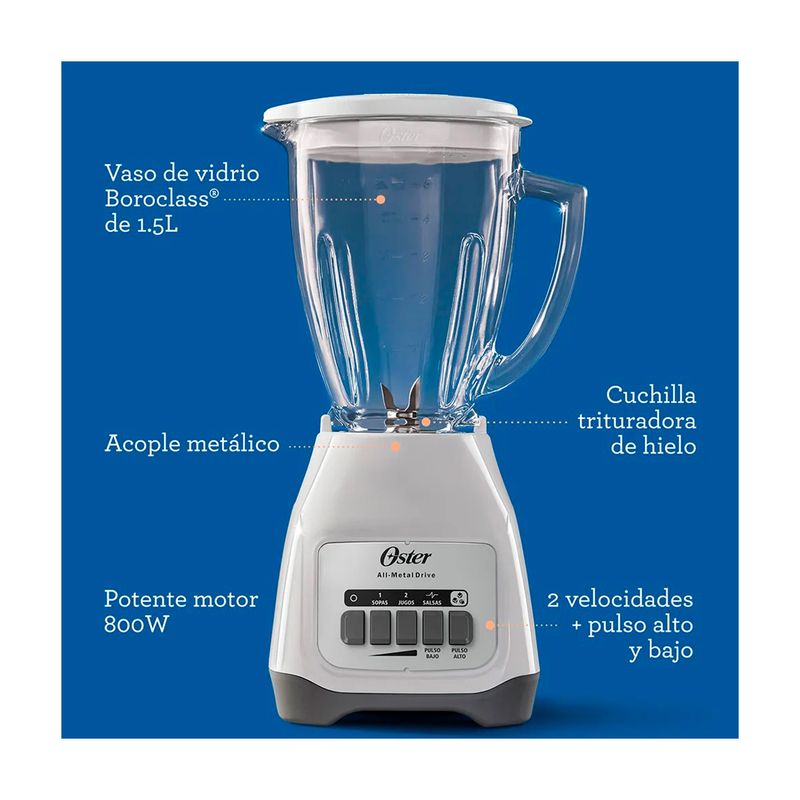 Licuadora vaso vidrio 1.5 L 800 W 2 vel blanca Oster, gráfico con indicadores de sus características técnicas
