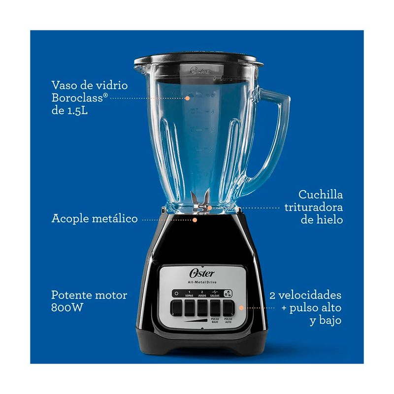 Licuadora vaso vidrio 1.5 l 800 w 2 vel negra Oster, gráfico con indicaciones de sus características y componentes