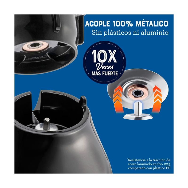 Licuadora vaso vidrio 1.5 l 800 W 2 vel negra Oster, gráfico detallado del acople metálico con texto informativo