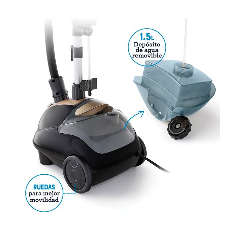 Vaporizador de pedestal vertical 1.5 l Oster, detalle del depósito de agua removible y ruedas de movilidad
