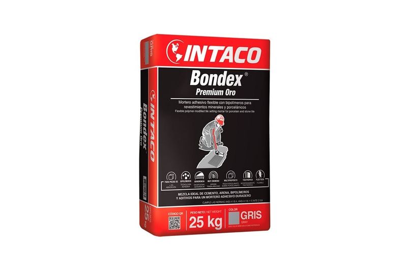 Bondex Premium Intaco Oro blanco de 25 kg Sinsa, saco cerrado con diseño en rojo, negro y blanco