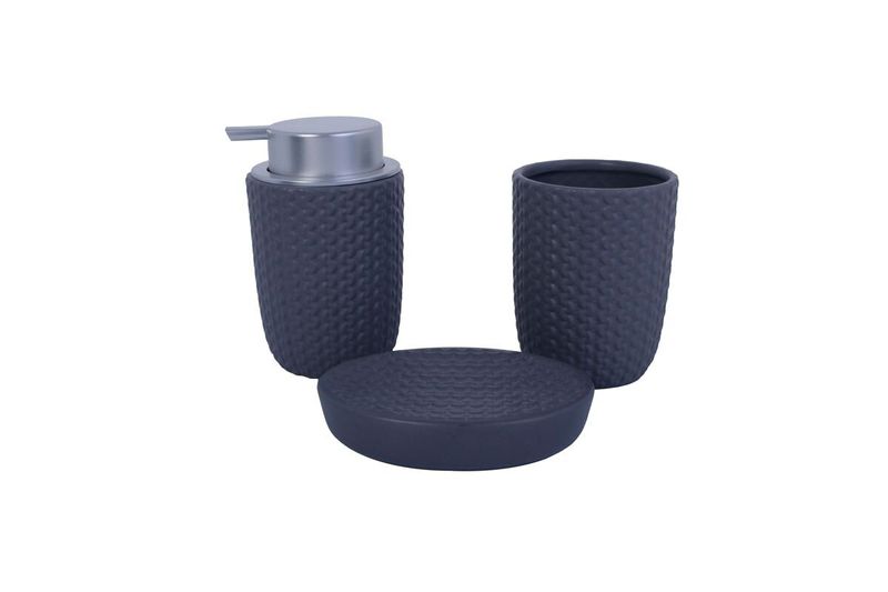 Juego accesorios para baño cerámica azul 22x18 3 piezas Concepts, dispensador, jabonera y porta cepillos con textura