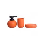 Juego accesorios para baño cerámica naranja liso 3 piezas Concepts, dispensador con bomba negra, vaso y jabonera