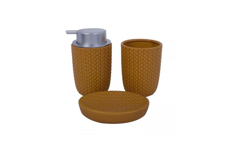 Juego de accesorios para baño de cerámica café 22 x 18 de 3 piezas Concepts, dispensador con bomba plateada, vaso y jabonera