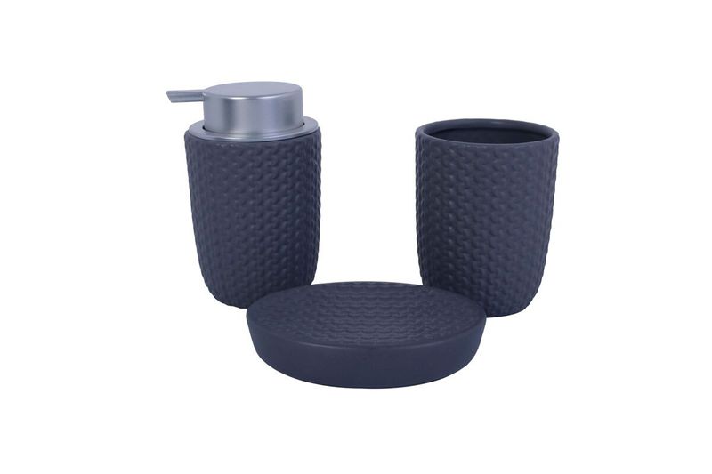Juego accesorios para baño cerámica azul 22 x 18 3 piezas Concepts, dispensador, porta cepillos y jabonera con textura