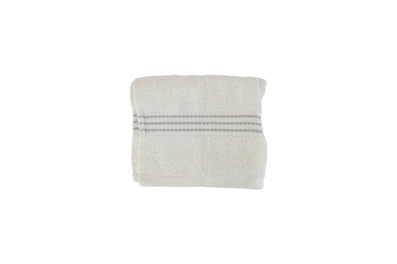 Toalla de mano tejido ladrillo blanco 16x26 Safdie, doblada mostrando el detalle del tejido y las rayas decorativas