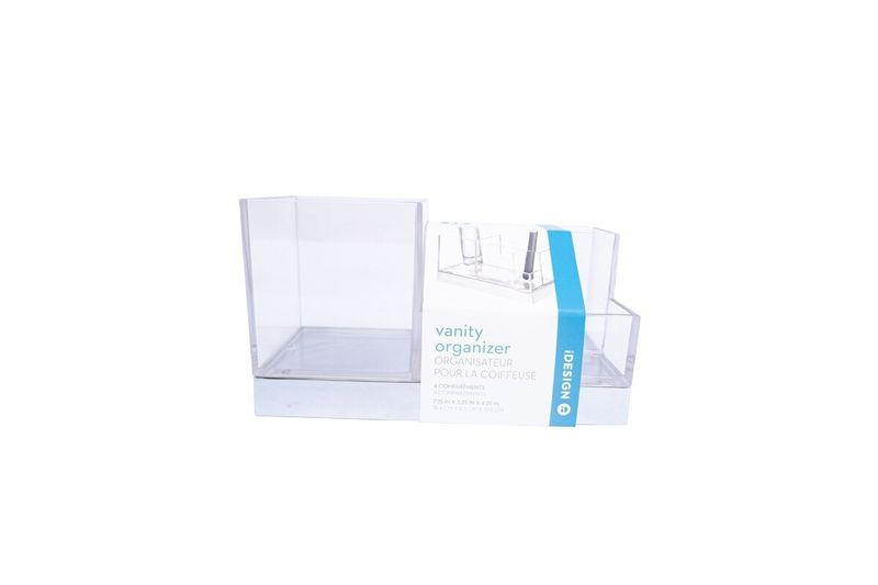 Cepillera multiespacios acrílico cromo 7.3 x 4.2 pulgadas iDesign, organizador transparente con etiqueta frontal blanca