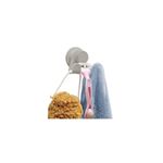 Gancho sujetador para baño gris Gel Lock Umbra, sosteniendo una esponja beige, un cepillo rosa y una toalla azul