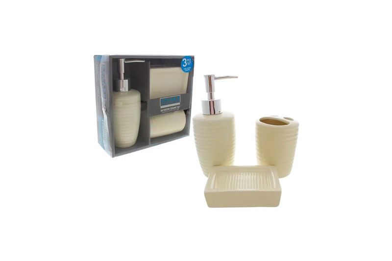 Juego accesorios para baño 3 piezas crema cerámica Barbara Homes, dispensador, porta cepillos y jabonera junto a su caja