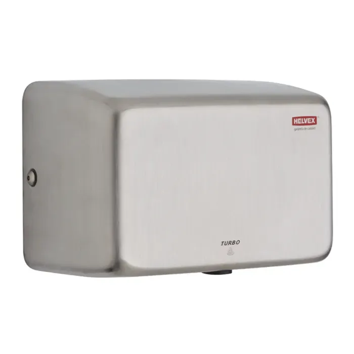 Secador de manos turbo automático Helvex de 1000 W y 120 V en acero inox, vista frontal del equipo