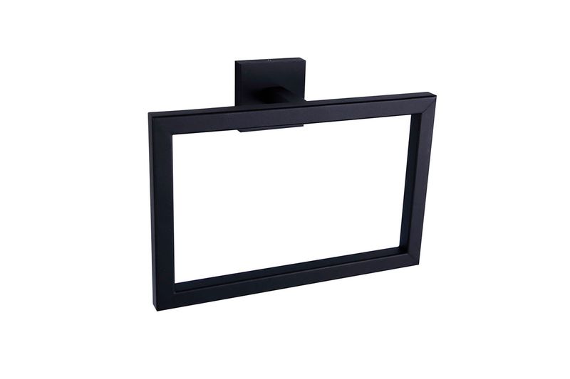 Toallero de aro acero inoxidable negro mate Bishop Canarm, vista frontal en ángulo del soporte rectangular