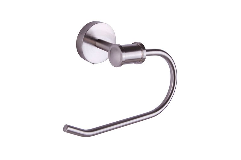 Porta rollo de aro acero inoxidable cromado Canarm, vista lateral del soporte fijado a la pared