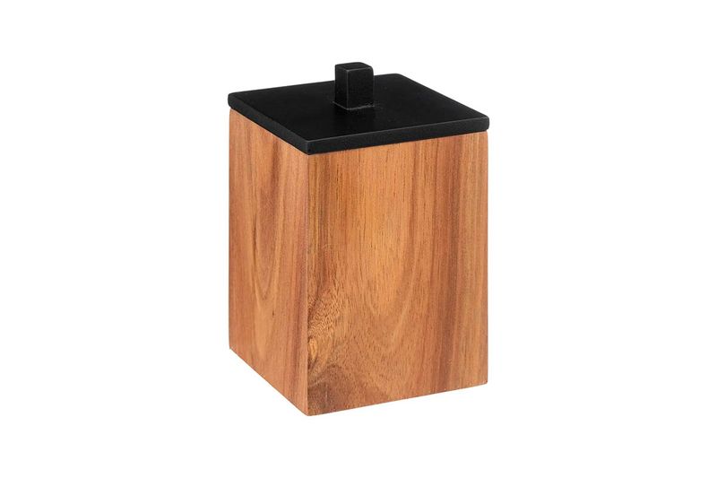 Organizador/accesorios para baño Five Simply Smart 5five, recipiente cuadrado de madera con tapa negra y pomo