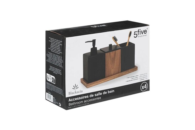 Organizador/accesorios para baño 5five Simply Smart, empaque de cartón negro con ilustración del set de madera y negro